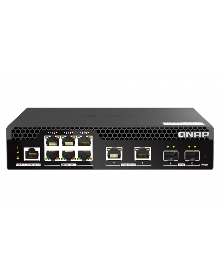 Qnap QSW-M2106PR-2S2T, 6 port 25Gbps, 2 ports 10GbE SFP+, 2 ports 10GbE RJ45, max PoE up to 310W, managed switch, half-rackmount design główny