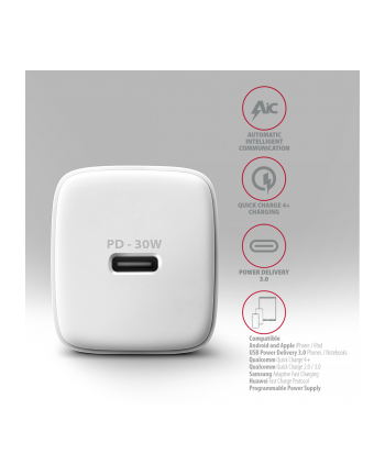 axagon ACU-PD30W Ładowarka sieciowa PD 30W, 1x port USB-C, PD3.0/QC3.0/AFC/FCP/Apple Biała