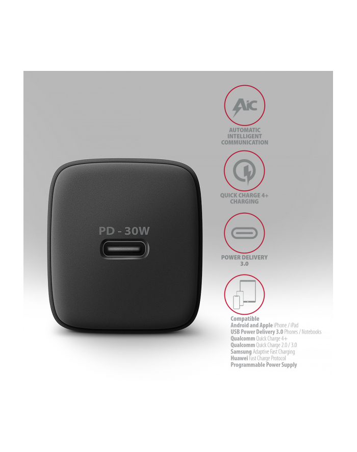 axagon ACU-PD30 Ładowarka sieciowa PD 30W, 1x port USB-C, PD3.0/QC3.0/AFC/FCP/Apple Czarna główny