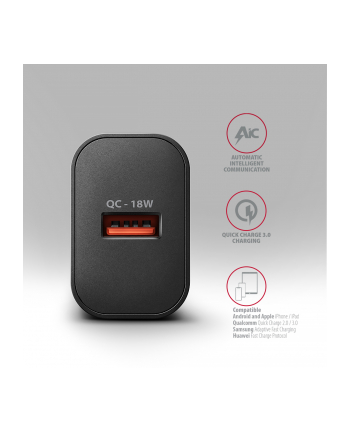 axagon ACU-QC18 Ładowarka sieciowa QC 18W, 1x port USB-A, QC3.0/AFC/FCP/SMART Czarna