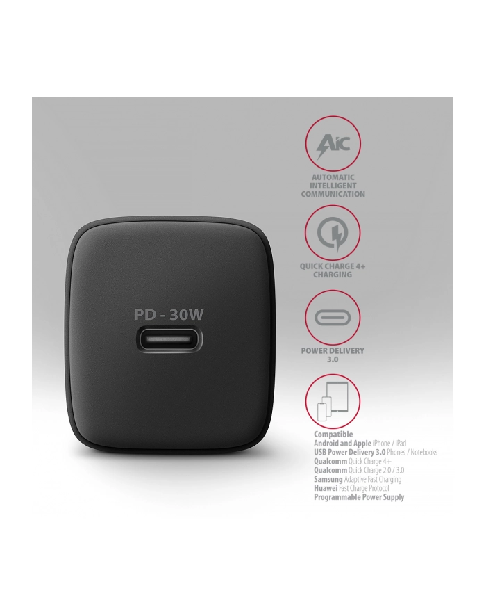 axagon ACU-PD30 Ładowarka sieciowa PD 30W, 1x port USB-C, PD3.0/QC3.0/AFC/FCP/Apple Czarna główny