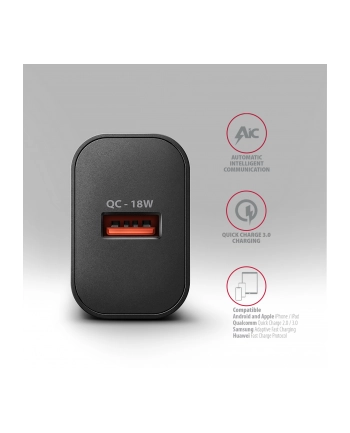 axagon ACU-QC18 Ładowarka sieciowa QC 18W, 1x port USB-A, QC3.0/AFC/FCP/SMART Czarna