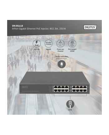 DIGITUS Gigabit Ethernet PoE+ Injector Hub 802.3bt 8- Port Power PoE Power Budget 250W