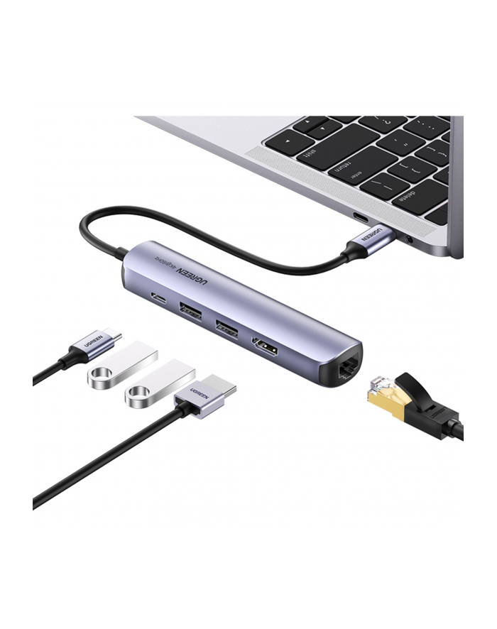 UGREEN ADAPTER 5W1 CM418 HUB USB-C DO 2X USB 3.0, HDMI, RJ45, (SZARY) główny