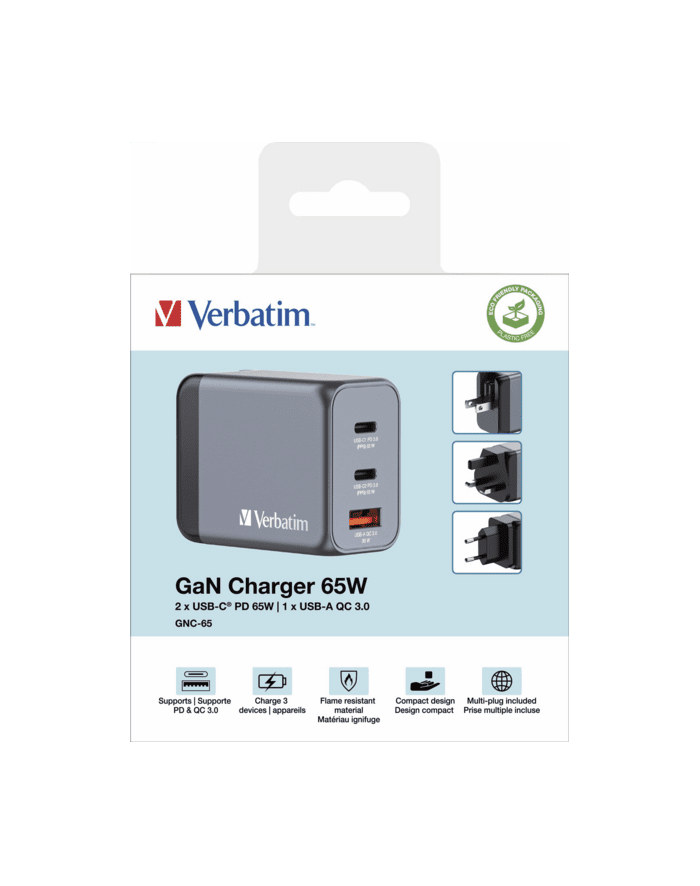 verbatim Ładowarka GNC-65 32201 GaN 65W, 2xUSB-C 1xUSB-A, UE / UK główny