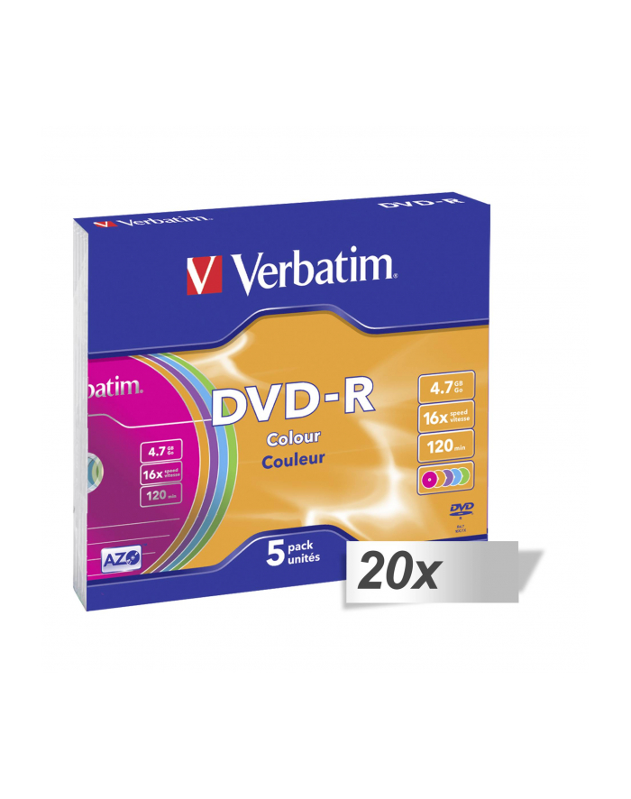 20x5 Verbatim DVD-R 4,7GB Colour 16x Speed, Slim Case główny