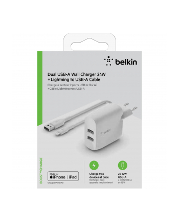 Belkin Dual USB-A ladowarka, 24W z kablem Lightning 1m, bialy