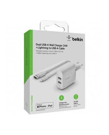 Belkin Dual USB-A ladowarka, 24W z kablem Lightning 1m, bialy