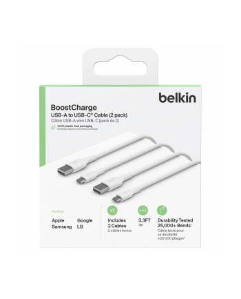 1x2 Belkin USB-C/USB-A PVC Cable 1m, 2Pack Kolor: BIAŁY  CAB001bt1MWH2PK