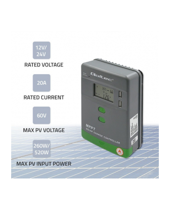 qoltec Solarny regulator ładowania MPPT z czujnikiem temperatury  20A | 12V / 24V | LCD | 2 x USB