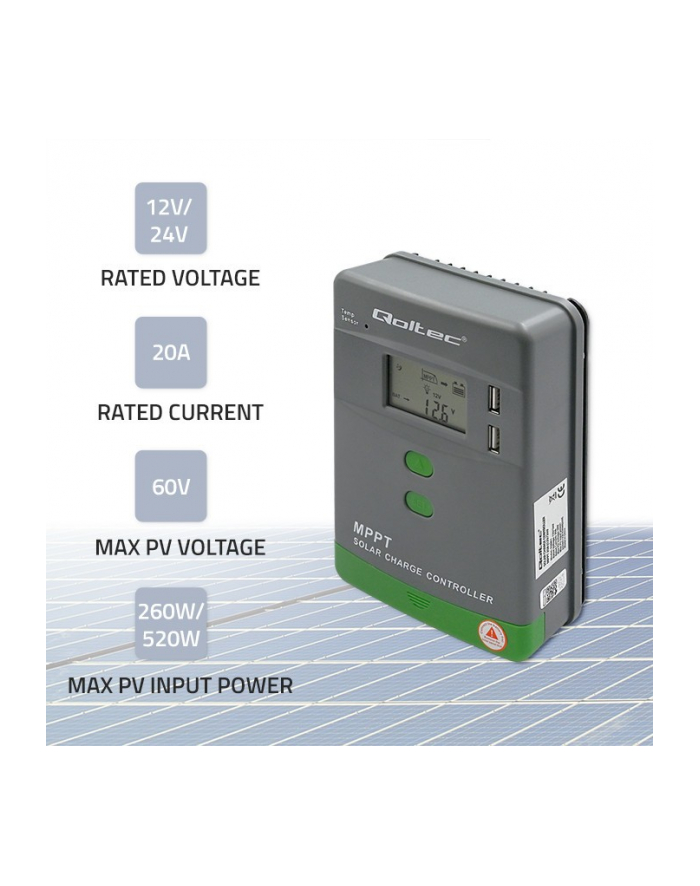 qoltec Solarny regulator ładowania MPPT z czujnikiem temperatury  20A | 12V / 24V | LCD | 2 x USB główny