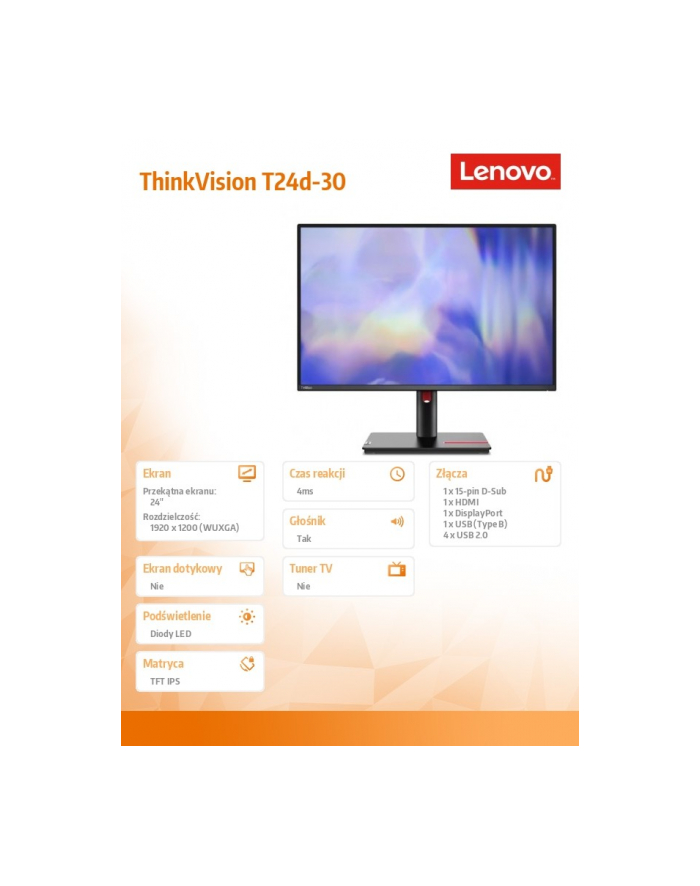 lenovo Monitor ThinkVision T24d-30 24 cale 63FFMAT1(wersja europejska) główny