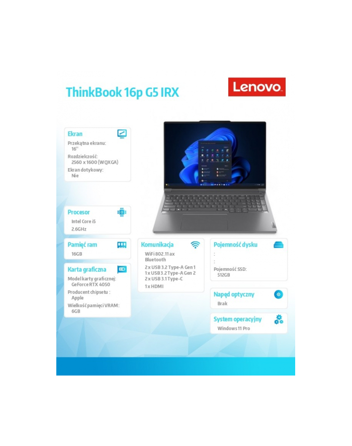 lenovo Notebook ThinkBook 16p G5 21N5001PPB W11Pro i5-14500HX/16GB/512GB/RTX 4050 6GB/16 cali WUXGA/Storm Grey/3YRS OS + CO2 Offset główny