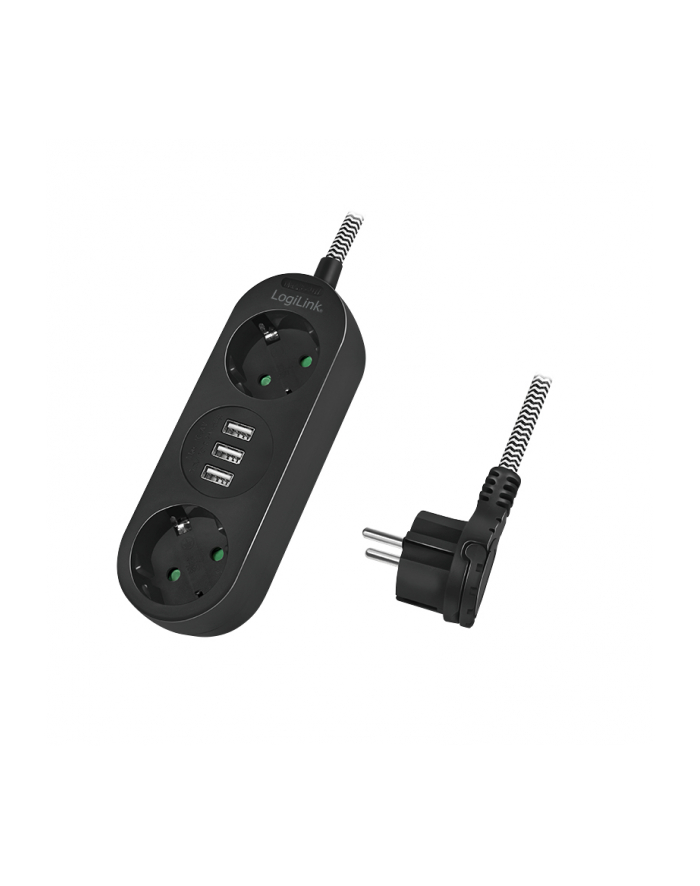 LogiLink 2 gniazda 1.5m Listwa zasilająca 2 gniazda CEE 7/3, 3x USB, 1.5m tekstylny oplot główny