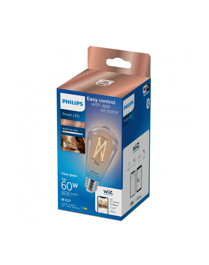 Philips Smart LED Żarówka filament przezroczysta E27 ST64 7 W (60 W), zimna - ciepła biel (929003018621) główny