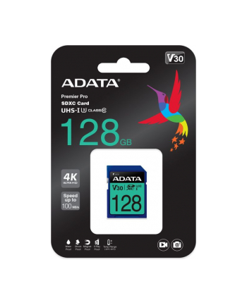 ADATA Premier Pro SDXC 128GB 100R/80W UHS-I U3 Class 10 A2 V30S SDXC | 128GB | UHS-I | U3 | Class 10 | V30 | A2 | Odczyt do 100 MB/s | Zapis do 80 MB/s