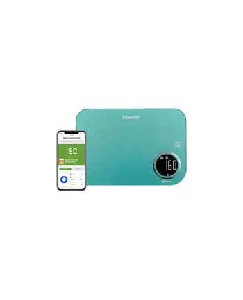 Sencor SKS 7071GR turkusowy Typ: smart |Blue Tooth | Aplikacja + baza Dine4fit | Maksymalne obciążenie [kg]: 5 | Jednostki: g/ml/lb/fl:oz | Duży wyświetlacz LCD z podświetleniem.