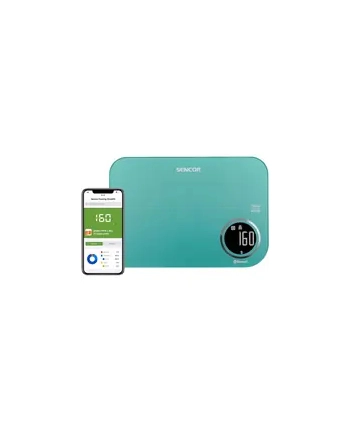 Sencor SKS 7071GR turkusowy Typ: smart |Blue Tooth | Aplikacja + baza Dine4fit | Maksymalne obciążenie [kg]: 5 | Jednostki: g/ml/lb/fl:oz | Duży wyświetlacz LCD z podświetleniem.