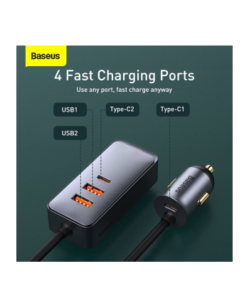 Baseus Share Together z przedłużaczem, 2x USB, 2x USB-C, 120W (szara) ładowarka samochodowa
