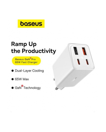 Baseus GaN6 Pro, 2xUSB-C + 2xUSB, 65W (biała) ładowarka sieciowa