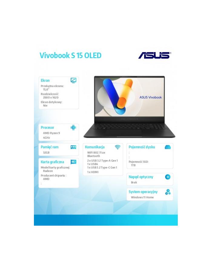 ASUS Vivobook S 15 OLED M5506UA-MA040W - R9-8945HS | 15,6'' | 2,8k | 120Hz | 32GB | 1TB | Win11H | AI AMD Ryzen 9-8945HS|OLED:15,6''2,8k|RAM:32GB|SSD:1TB|AI|W11H główny