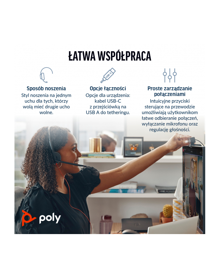no name Poly Blackwire 3210 Monaural USB-C Headset +USB-C/A Adapter główny