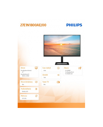 philips Monitor 27E1N1800AE 27 cali IPS 4K HDMIx2 DP HAS Głośniki