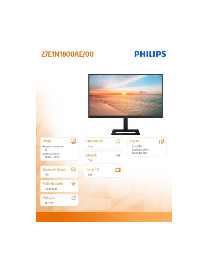 philips Monitor 27E1N1800AE 27 cali IPS 4K HDMIx2 DP HAS Głośniki główny