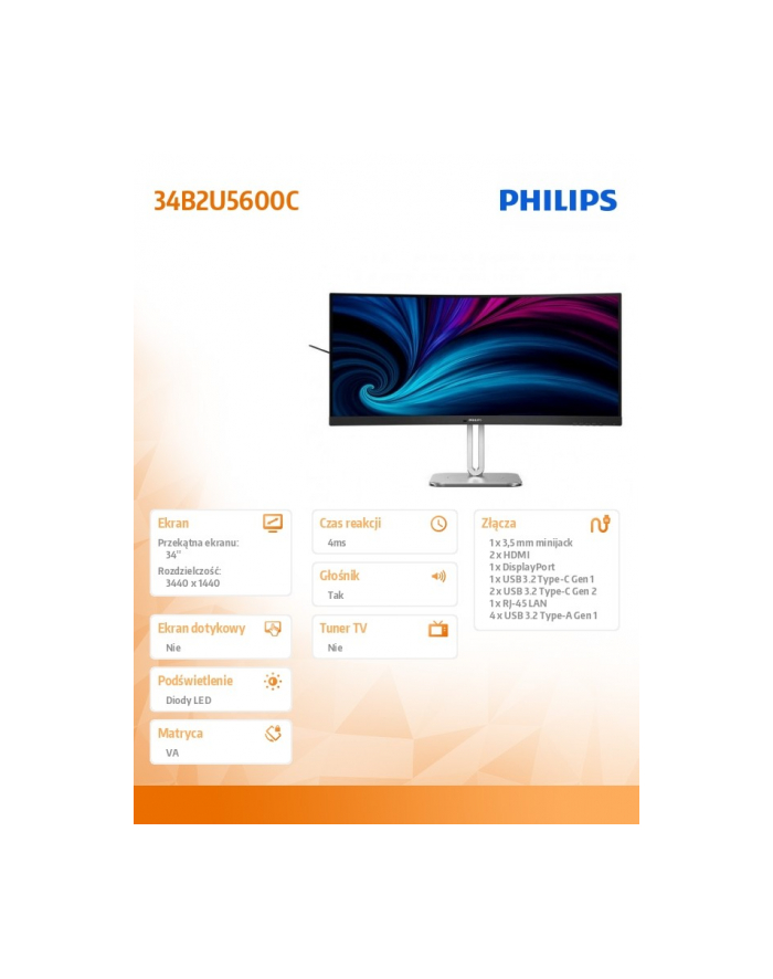 philips Monitor 34B2U5600C 34 cale Curved VA HDMIx2 DP HAS USB-C Głośniki główny