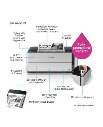 Epson EcoTank M1170 Mono Inkjet Inkjet Printer Wi-Fi Maximum ISO A-series paper size A4 White