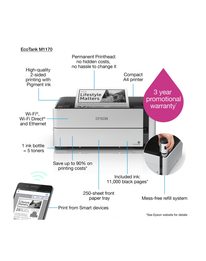 Epson EcoTank M1170 Mono Inkjet Inkjet Printer Wi-Fi Maximum ISO A-series paper size A4 White główny