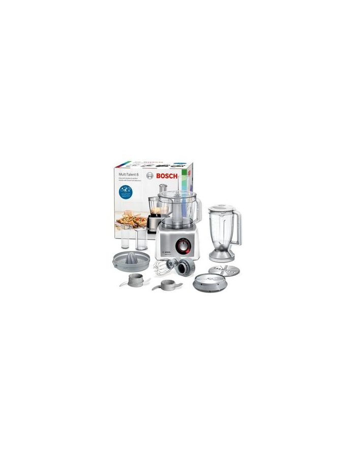 Bosch | MC812S820 | 1250 W | Robot kuchenny MultiTalent 8 | Liczba prędkości Jednakowe ustawienie prędkości, funkcje natychmiastowe i pulsacyjne | Pojemność miski 3,9 L | Blender | Biały/Srebrny główny