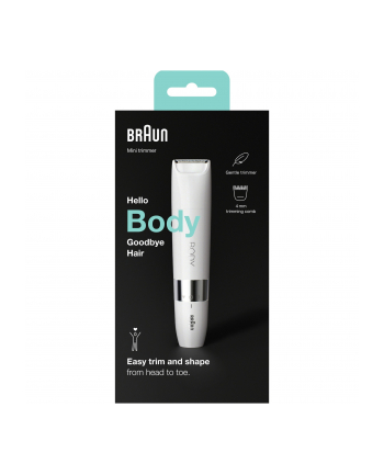 braun Brązowy | Zobacz materiał BS1000 | Mini trymer do ciała | Czas pracy (maks) min | Żywotność żarówki (błyski) Nie dotyczy | Liczba poziomów mocy 1 | Na mokro i na sucho | Biały