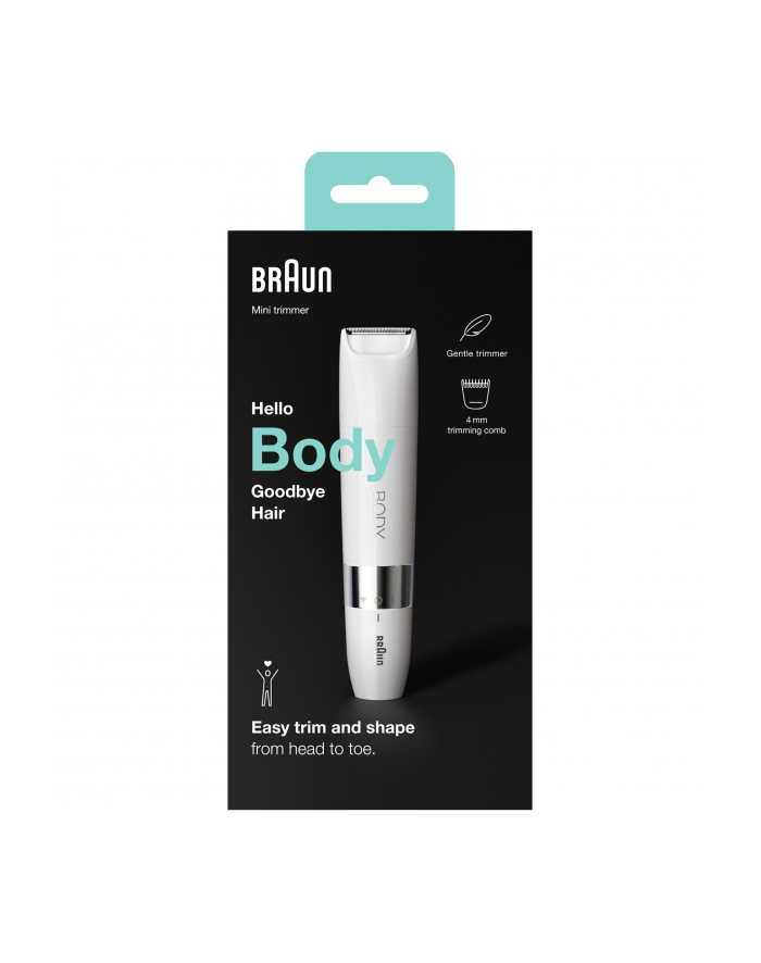 braun Brązowy | Zobacz materiał BS1000 | Mini trymer do ciała | Czas pracy (maks) min | Żywotność żarówki (błyski) Nie dotyczy | Liczba poziomów mocy 1 | Na mokro i na sucho | Biały główny