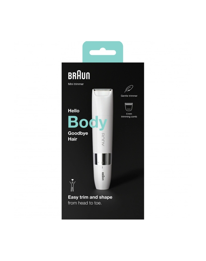 braun Brązowy | Zobacz materiał BS1000 | Mini trymer do ciała | Czas pracy (maks) min | Żywotność żarówki (błyski) Nie dotyczy | Liczba poziomów mocy 1 | Na mokro i na sucho | Biały główny