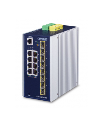 PLANET IP30 Industrial L3 8-Port switch zarządzalny Gigabit Ethernet (10/100/1000) Niebieski, Biały