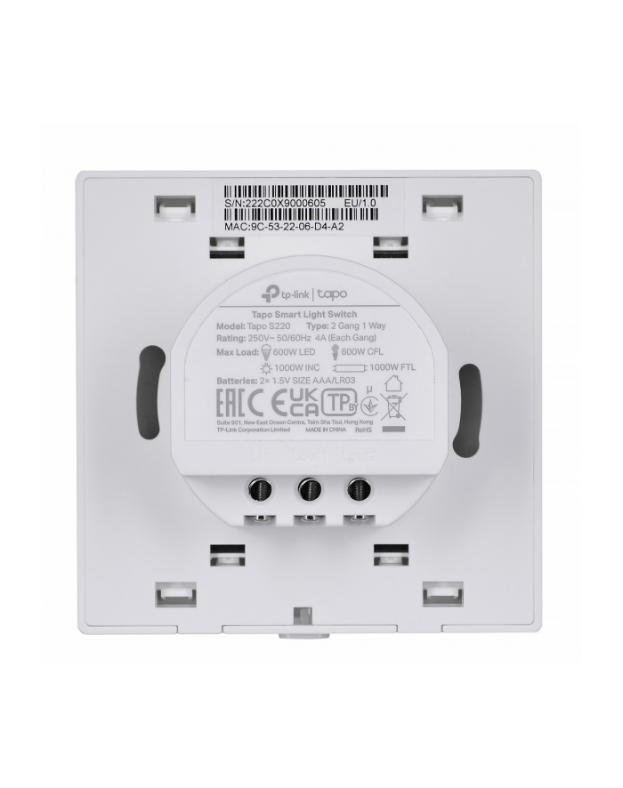 Wyłącznik światła Smart Wifi TP-Link Tapo S220, jednobiegunowy, podw'amp;oacute;jny (biały) główny
