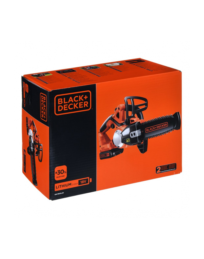 Kolor: CZARNY+decker akumulatorowa pilarka łańcuchowa 20cm, 18v, 2,0ah, li-ion, i główny