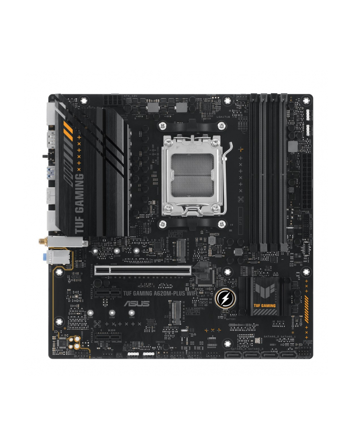 Asus | TUF GAMING A620M-PLUS WIFI | Rodzina procesorów AMD | Gniazdo procesora AM5 | Moduły DIMM DDR5 | Gniazda pamięci 4 | Obsługiwane interfejsy dysków twardych SATA, M2 | Liczba złączy SATA: 4 | Chipset AMD A620 | Karta Micro-ATX główny