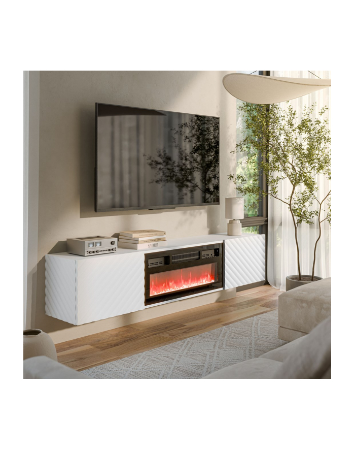cama meble Szafka RTV LARA 183x35x37 biały mat + czarny kominek główny