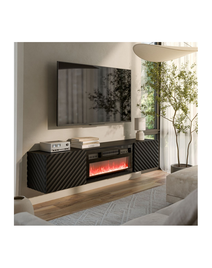 cama meble Szafka RTV LARA 183x35x37 czarny mat + czarny kominek główny