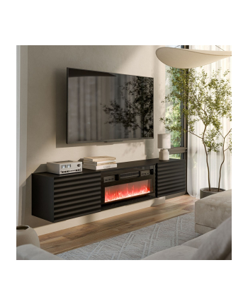 cama meble Szafka RTV TULA 183x35x37 czarny mat + czarny kominek