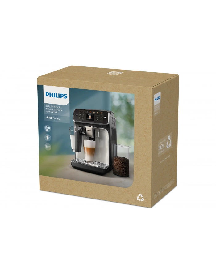 philips Ekspres do kawy | EP4449/70 Seria 4400 | Ciśnienie pompy 15 bar | Wbudowany spieniacz do mleka | W pełni automatyczny | 1500 W | Czarny główny
