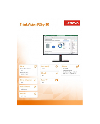 lenovo Monitor 27 cali ThinkVision P27q-30 WLED LCD 63A2GAT1(wersja europejska)