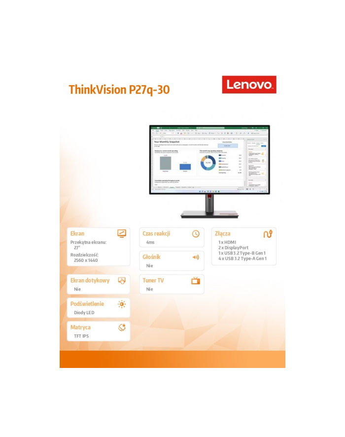 lenovo Monitor 27 cali ThinkVision P27q-30 WLED LCD 63A2GAT1(wersja europejska) główny