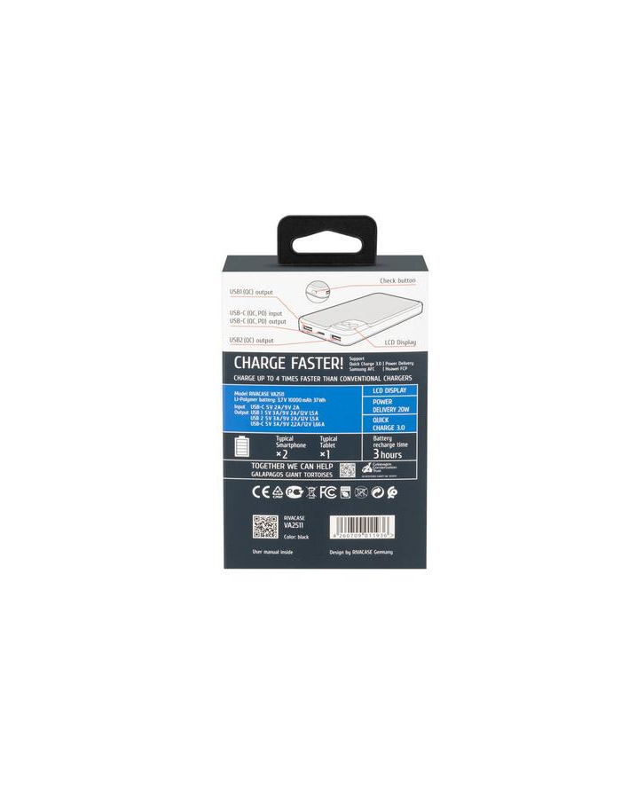 Powerbank RIVACASE 10000 mAh USB-C 20W + LCD, czarny główny