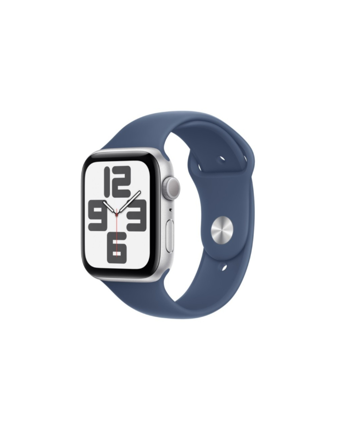 apple Watch SE GPS, koperta 44 mm z aluminium w kolorze srebrnym z paskiem sportowym w kolorze denim - rozmiar M/L główny