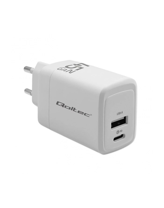 qoltec Ładowarka sieciowa 45W GaN | 5-20V | 1.5-3A | 1xUSB-C PD | 1xUSB QC 3.0 | Biała główny