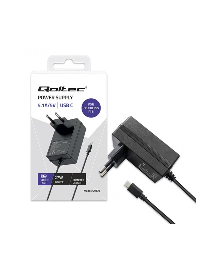qoltec Ładowarka Super FAST PD for Raspberry PI 5 | USB-C | 27W | 5-12V | 1.8-5A | Czarna główny