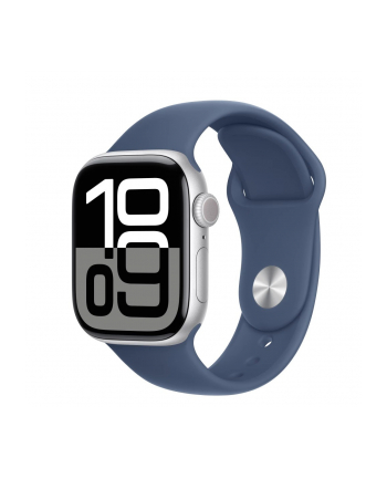 apple Watch Series 10 GPS, koperta 42 mm z aluminium w kolorze srebrnym z paskiem sportowym w kolorze denim - rozmiar S/M